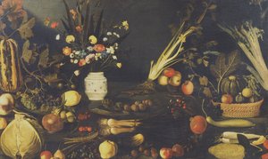 Stilleben med blommor, frukt och grönsaker, ca 1594